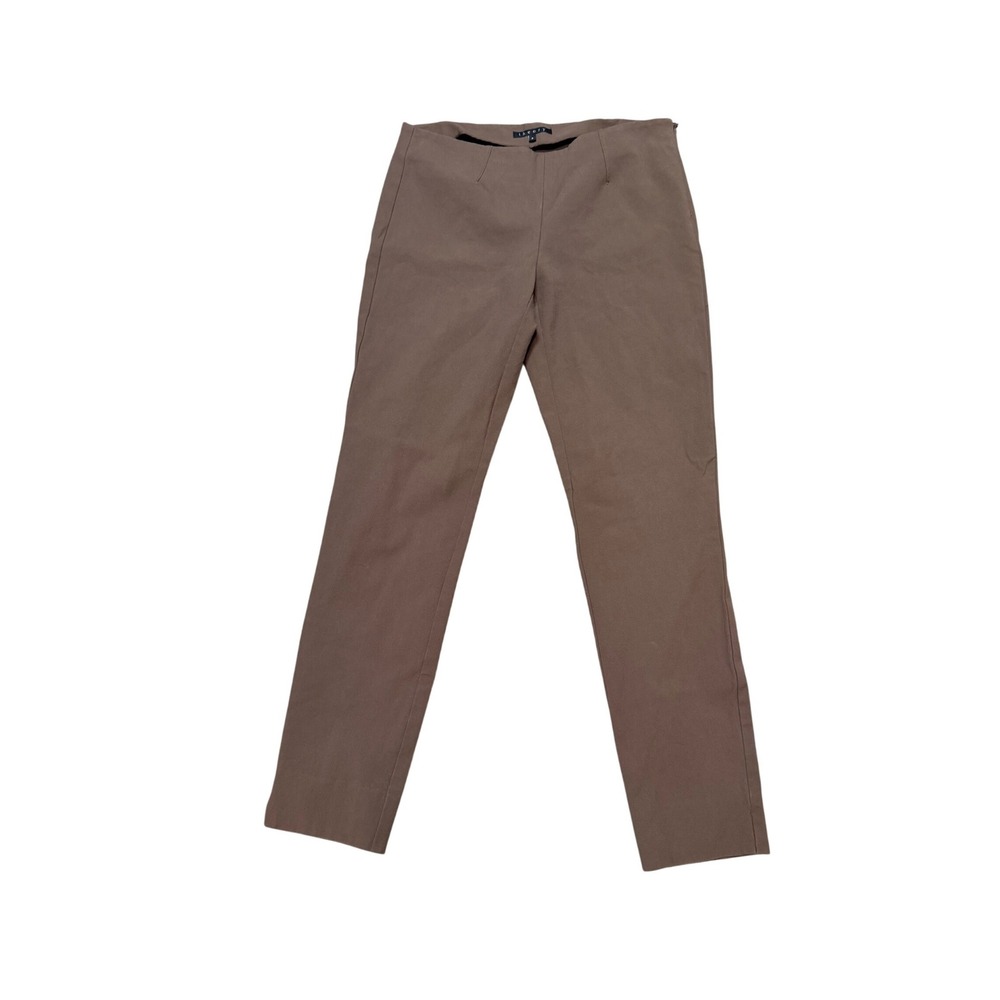 Theory Testra Slim Straight Leg Trousers Taupe Brown Side Zip Stretch Pants Sz 8